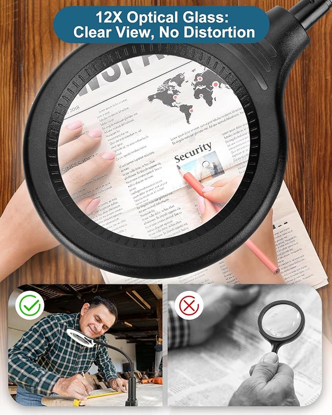 12X Magnifying Glass with Light and Stand, Real Glass, LED 5 Color Modes, Brightness Stepless Dimming Lighted Magnifier Hands Free with Flexible Gooseneck Desk Clamp Lamp for Close Work, Craft, Hobby
