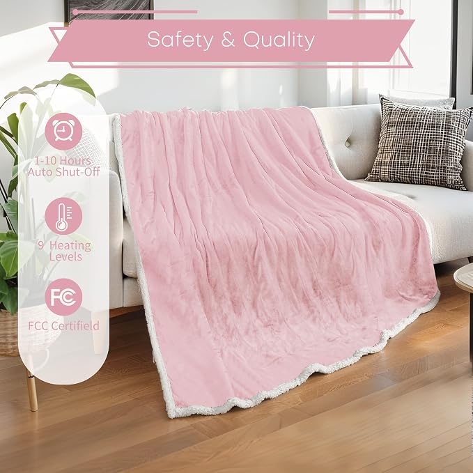 Electric Heated Blanket 72"x84" Full Size, Dual-Sided Flannel & Sherpa, 9 Heat Settings & 1-10H Auto Off, Soft Warm for Home, Office, Bed, Couch, Machine Washable, Ideal Winter Gift, Light Pink