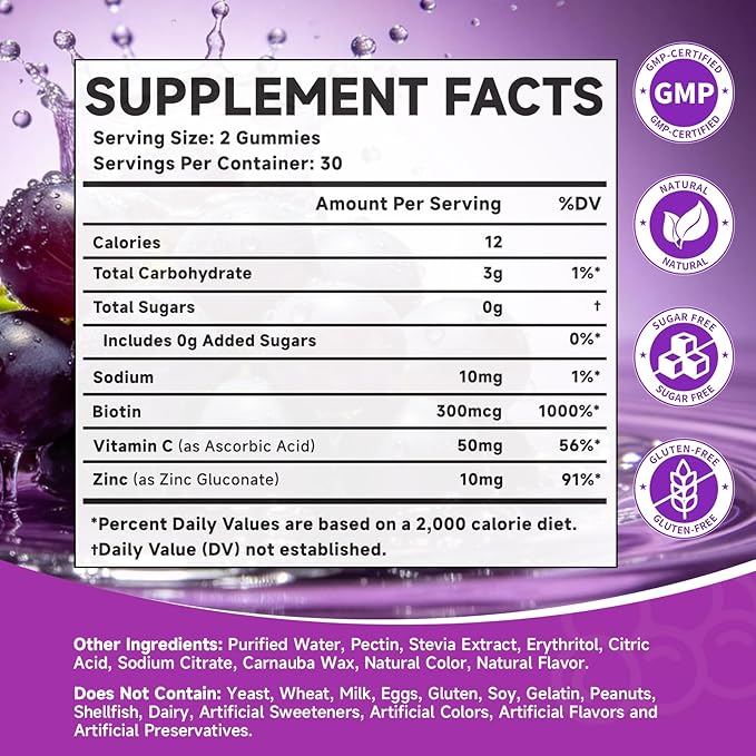 Sugar Free Biotin Hair, Skin & Nails Gummies, Supports Healthy Hair, Skin and Stronger Nails, with Vitamin C, Zinc Chewable Vitamin B7 Supplements for Women & Men, Vegan, Non-GMO, Grape, 120 Count