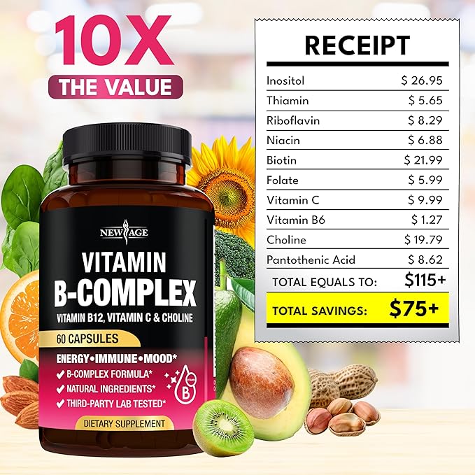 Vitamin B Complex for Men & Women - Made in USA - B-Complex: B1, B2, B3, B5, B6, B7, B8, B9, B12 with Vitamin C, Choline, Inositol - Energy, Brain & Heart Support Supplement - 120 Vegan Capsules