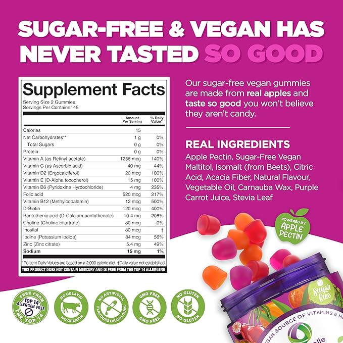 NUTRAMIN Gommes Multivitaminées Vegan Céto Quotidien Sans OGM Vitamine C, D + Zinc Naturelles pour l'Immunité, Végétales, Sans Sucre, Sans Noix, Sans Gluten, Biotine, Vitamine A, B, B6, B12 & Plus 45 Jours (90 Comprimés)