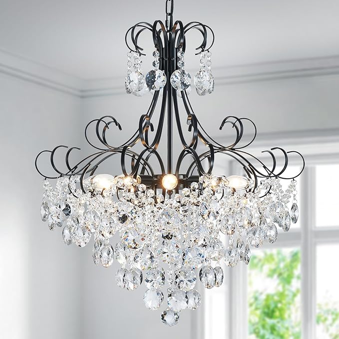 ANJIADENGSHI Crystal Chandelier K9 Crystal Lighting Chandelier for Living Room 10 E12 Bulbs High 27.6 in x Diameter 22.8 in, Black