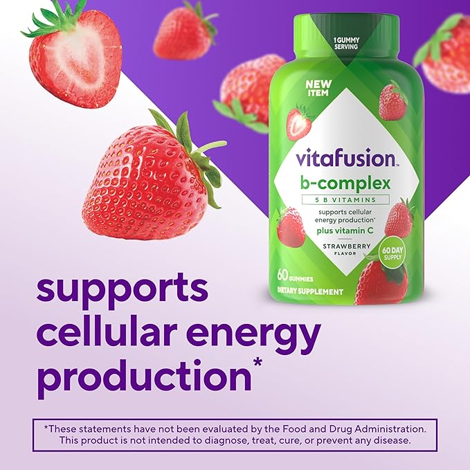 Compléments alimentaires gélifiés vitafusion B-Complex, avec 5 vitamines B pour soutenir la production d'énergie cellulaire (1), plus de la vitamine C, saveur fraise, 60 unités