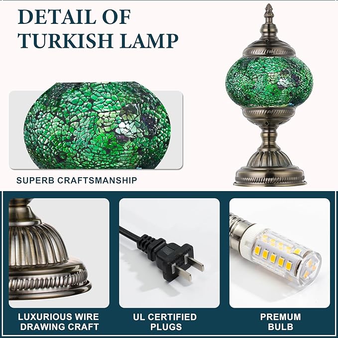 Marrakech Morrocan Mosaic Table Lamps with Vintage Style, Handmade Turkish Lamp with Bronze Base Including LED Bulb for Living Room Bedroom Decor (Shard Green)