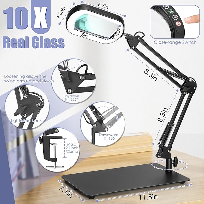Drdefi 10X Square Magnifying Glass with Light and Stand, Real Glass LED Lighted Magnifier, 5 Color Modes Stepless Dimmable, Hands-Free Mag Desk Lamp with Clamp for Reading Craft Hobby Close Work Black