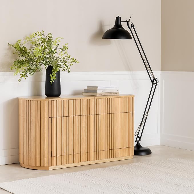 Transformer Table Round Sideboard Buffet Cabinet, Natural | Hidden Drawers, Wood Storage Cabinet, Solid Wood, Integrated Table Panel Storage