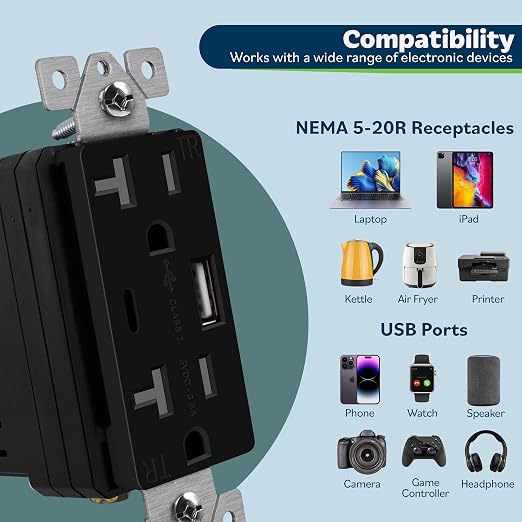 TOPGREENER 2-Port USB Outlet, 4.2A Type C USB Wall Outlet, 20 Amp TR Receptacle Plug, Charging Power Outlet with USB Ports, Wall Plate Included, UL Listed, TU22036AC-BK-6PCS, Black, 6Pack