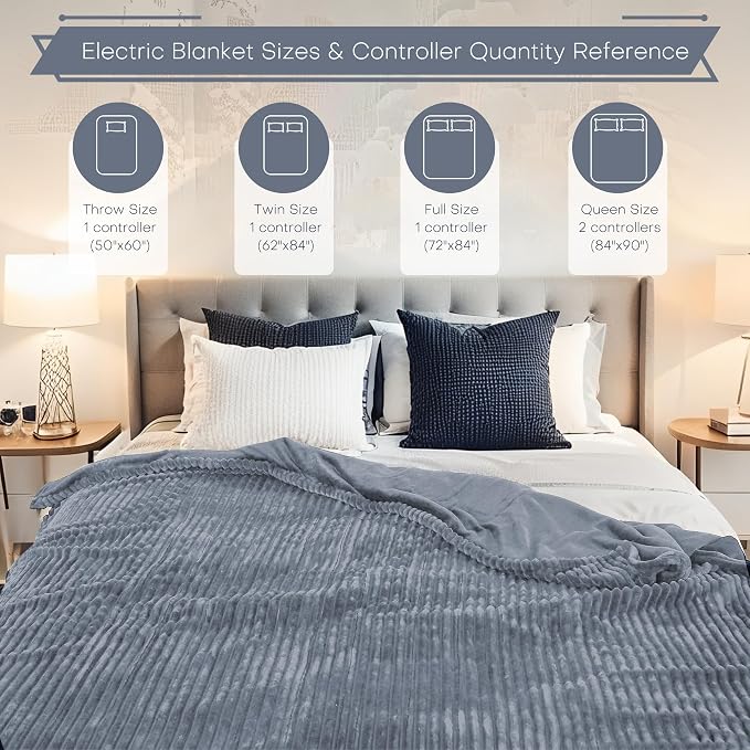 Electric Heated Blanket Twin Size 62"x84" with Cozy Flannel, 6 Heat Settings & 10 Hours Auto Off, Soft & Cozy Warming Throw for Home, Office, or Bed, Machine Washable, Grey