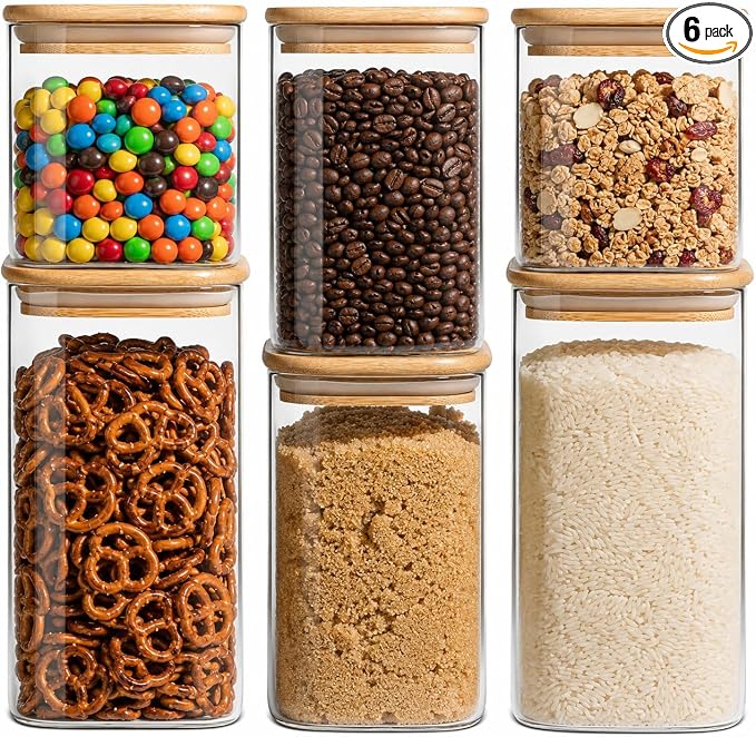 Airtight Glass Storage Containers with Lids Set of 6, 25 /37 /50oz Square Glass Jars with Bamboo Lids, Kitchen Canister Set for Pantry Organization Food Storage for Flour Sugar Rice Pasta Cereal