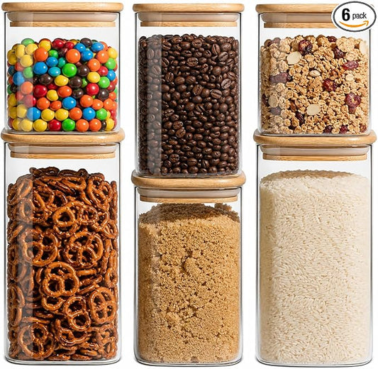 Airtight Glass Storage Containers with Lids Set of 6, 25 /37 /50oz Square Glass Jars with Bamboo Lids, Kitchen Canister Set for Pantry Organization Food Storage for Flour Sugar Rice Pasta Cereal