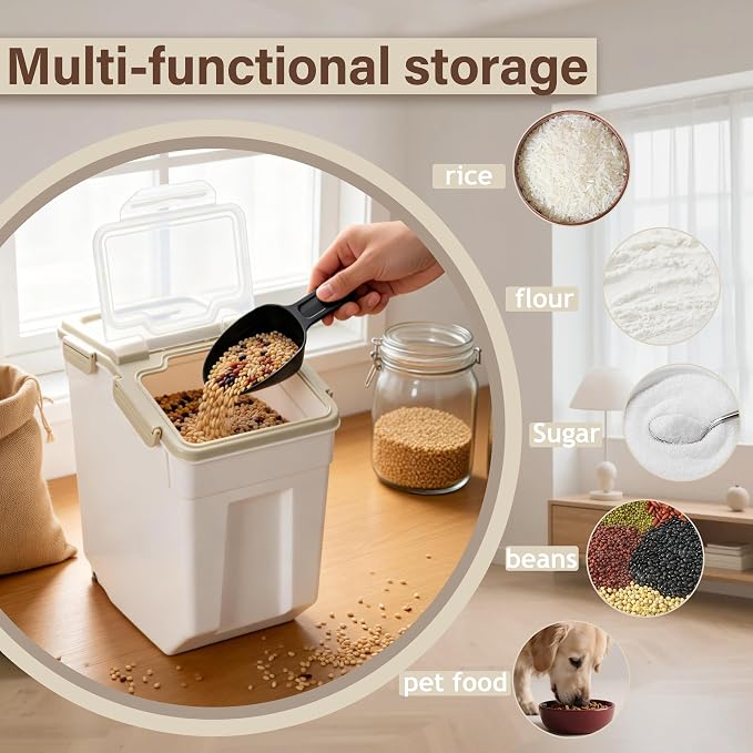 RUIAN 2Pcs Large Flour Storage Container Bin 25Lb Airtight Rice Storage Containers with Wheels Seal Locking Lid, BPA Free with Measuring Cup&Scoop for Flour, Rice, Grain (Gray)