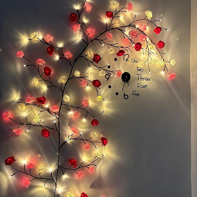 Rose LED Tree Branch Lights for Wall, Rose Flower Willow Vine Twig Decor Garland with 72 LED Lights and Remote,8 Lighting Modes,Christmas Decorations Indoor for Home Wall Door Window (63inch)