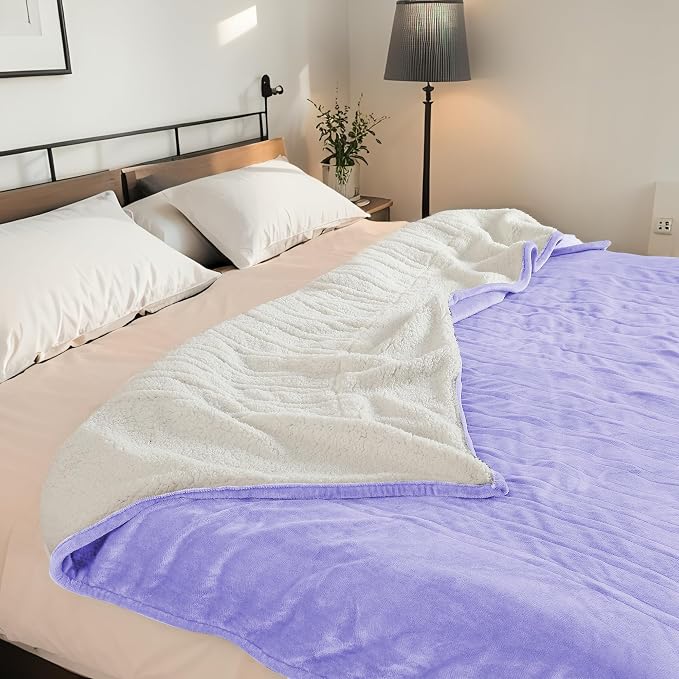Electric Heated Blanket Queen Size 84"x90" – ETL Certified for Safe Overnight, 4 Heat Settings & 10H Auto Off, Dual-Sided Microplush Sherpa for Home Theater Night, Machine washable – Light Purple