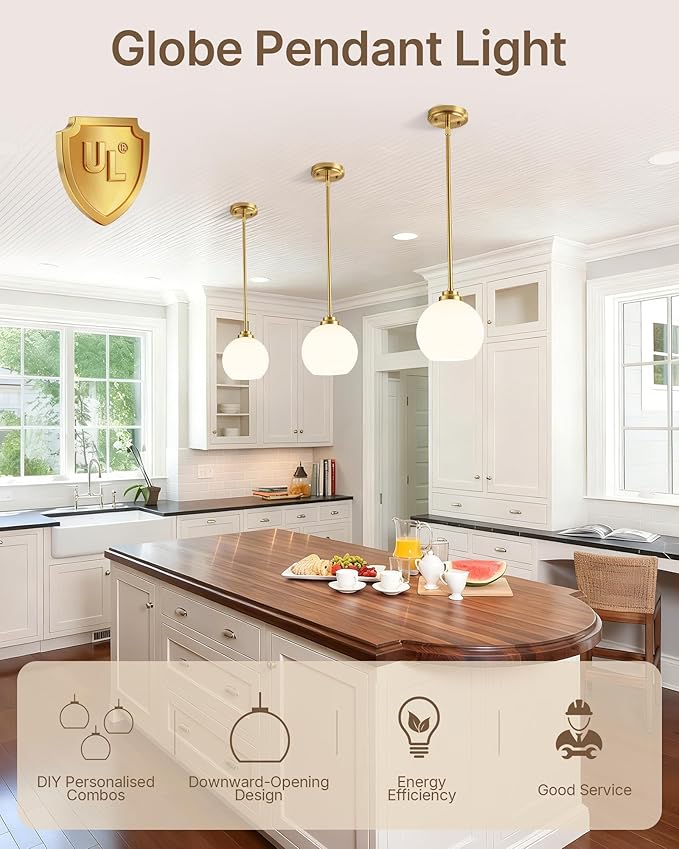 Majade Globe Pendant Lights Mid Century Modern Kitchen Island Pendant Light Fixtures 7.4 Inch Gold Brass Pendant Lighting with Milk Glass Adjustable Hanging Light Fixtures for Dining Room Living Room