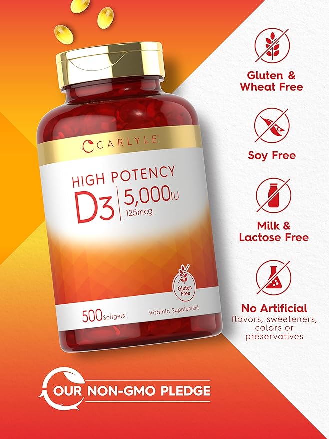 Gélules de vitamine D3 5000 UI Carlyle | 500 unités | Format économique | Complément sans OGM et sans gluten | Formule haute puissance | 125 mcg
