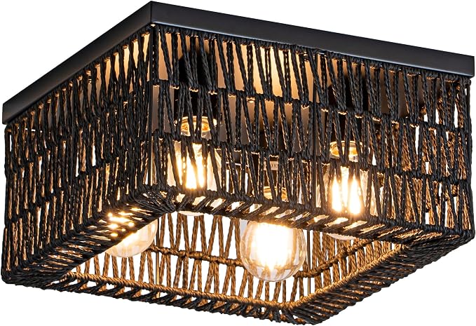 Rpzloila Black Rattan Ceiling Light, 4-Light Boho Light Fixture, Square Flush Mount Ceiling Light for Bedroom, Hallway, Entryway, Kitchen, Living Room