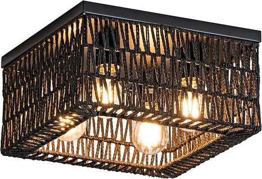 Rpzloila Black Rattan Ceiling Light, 4-Light Boho Light Fixture, Square Flush Mount Ceiling Light for Bedroom, Hallway, Entryway, Kitchen, Living Room