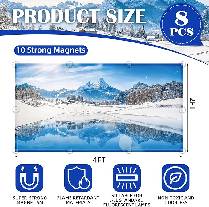 ANGSYLTH 8 Pcs Fluorescent Light Covers - 4 x 2 Feet Covers for Ceiling Lights, 8 x 10 Magnetic Light Filters for Classroom, Office, Hospitals (Winter - Snow)