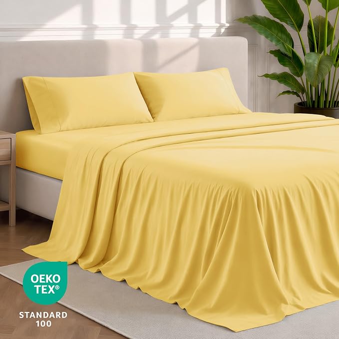 Bare Home Split Head Flex King Sheet Set - 1800 Ultra-Soft Microfiber Bed Sheets - Double Brushed - Deep Pockets - Easy Fit - 4 Piece Set - Bedding Sheets & Pillowcases (Lemon Drop)