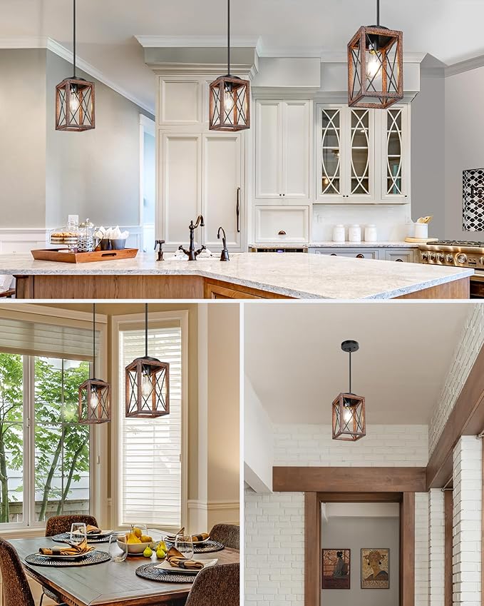 DEWENWILS 2 Pack Farmhouse Pendant Light, Metal Hanging Light Fixture with Wooden Grain Finish, 48 Inch Adjustable Pipes for Flat and Slop Ceiling, Kitchen Island, Bedroom, Dining Hall, ETL Listed