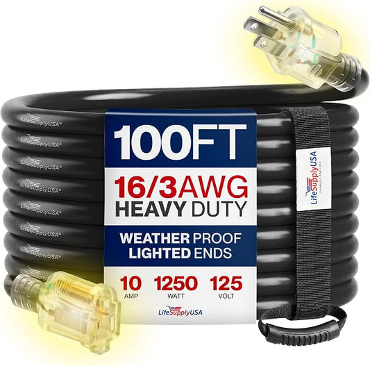 100ft Outdoor/Indoor Extension Cord 16/3 Gauge Heavy Duty 3 Prong SJTW, Waterproof, Flexible Cold-Resistant Long Power Cord,10A 125V 1250W, Black by LifeSupplyUSA