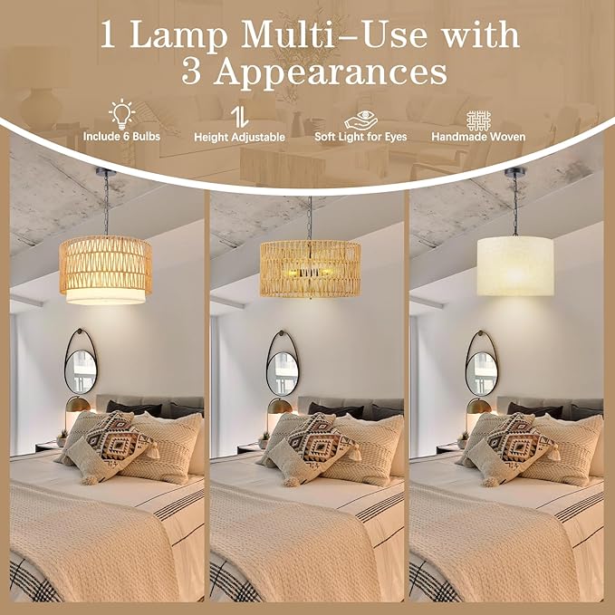 Rattan Drum Chandeliers for Dining Room, 19.7" 5-Lights(Bulbs Included) Boho Chandelier Light Fixture, Farmhouse Dining Room Light Fixtures Over Table, Hanging Light for Kitchen, Living Room, Bedroom