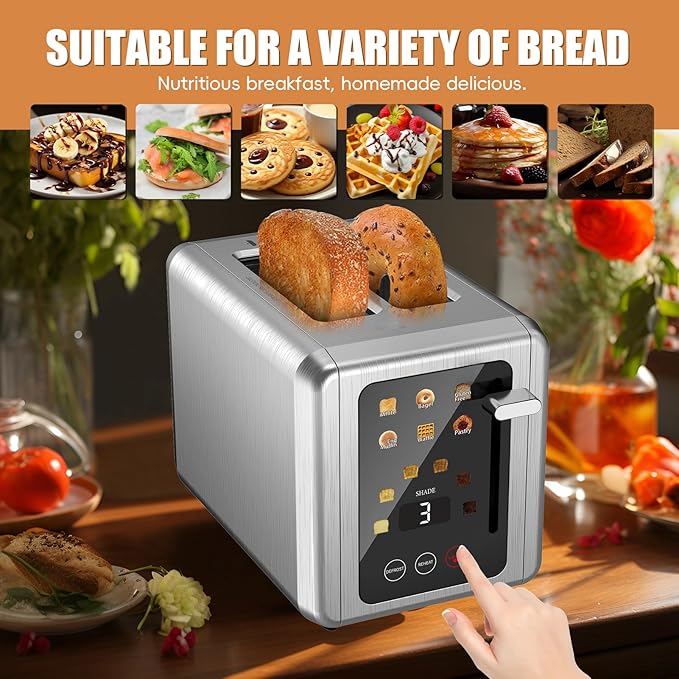 Touch screen Toasters 2 slice,Stainless Steel Digital Timer Toaster with Sound Function,6 Bread Types & 6 Shade Settings,Smart Extra Wide Slots Toaster with Bagel,Defrost Functions,Silver