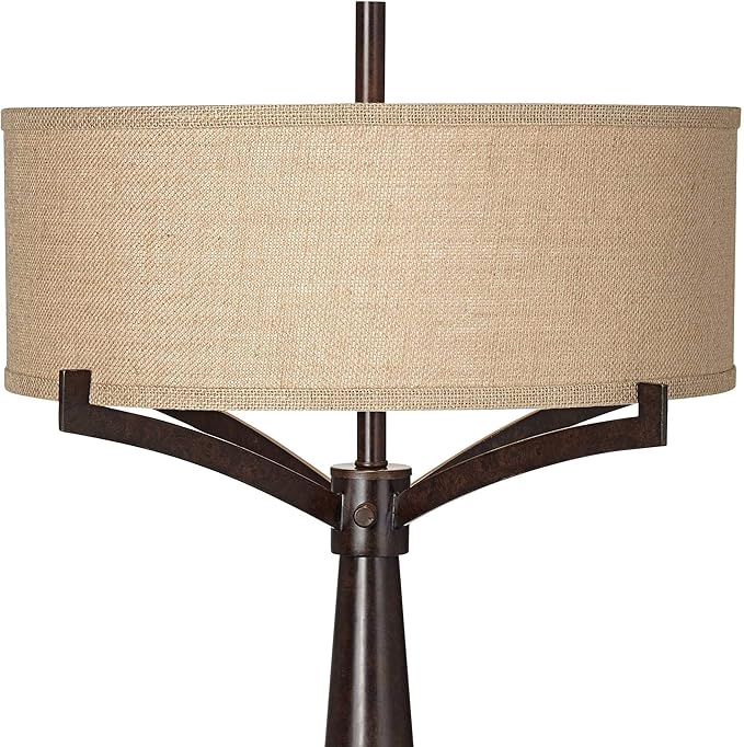Franklin Iron Works Tremont Mid Century Modern Industrial Table Lamps 31.5" Tall Set of 2 Rich Bronze Iron Burlap Fabric Drum Shade for Living Room Bedroom House Bedside Nightstand Home Office
