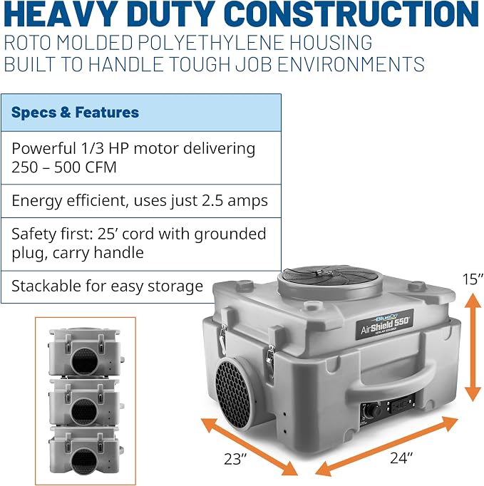 BlueDri Air Shield 550 HEPA Air Scrubber, Water Damage Restoration Equipment Air Purifier, Covers 1400 Sq. Ft, Daisy Chain Capable, For Commercial Use, Gray, BD-AS-550