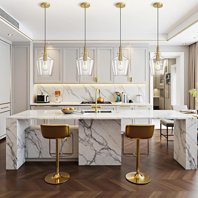 Modern Seeded Glass Pendant Lighting for Kitchen Island 1 Pack, Farmhouse Gold Pendant Light Fixtures, Height Adjustable Ceiling Pendant Light, Angled Seeded Glass Shades 8 Inch