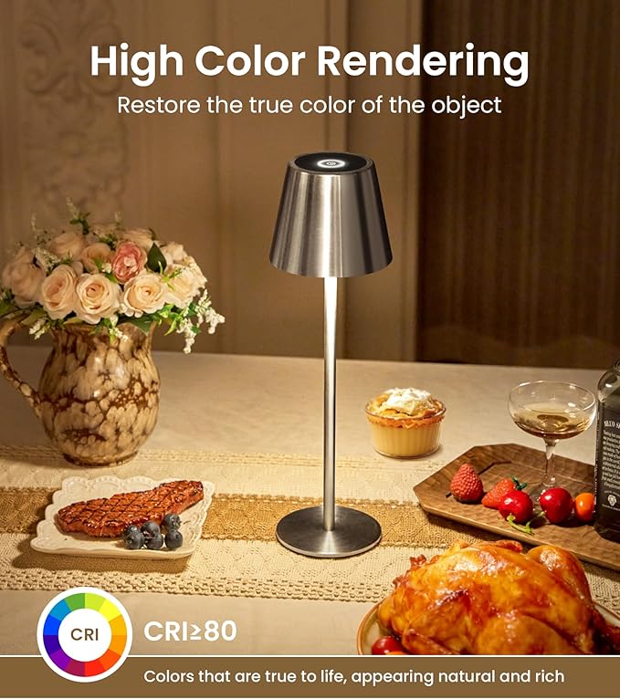 3 Pack Cordless Table Lamp, Portable Battery Operated Lamp with 3 Color Temps and Stepless Dimming, Rechargeable Table Lamp for Dinner, Desk, Cafe, Outdoor (Brushed Silver)