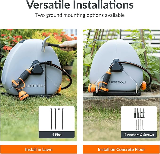 Giraffe Tools Retractable Heavy Duty Hose Reel, 1/2" x 130FT Automatic Rewind Garden Hose Reel with 360° Swivel Base, Ground Mounted for Lawn, Patio, Concrete Floor & Yard Watering
