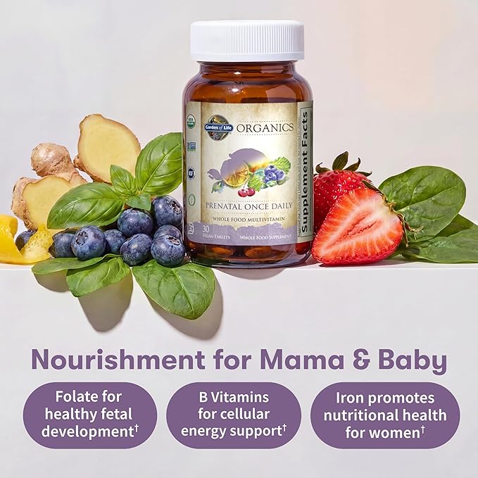 Garden of Life Organics プレナタル ビタミン：葉酸でエネルギーを補給し、健康的な胎児の発育をサポート、便秘になりにくい鉄分、ビタミンC、B6、B12、D3 – オーガニック、非遺伝子組み換え、グルテンフリー、ビーガン、30日分