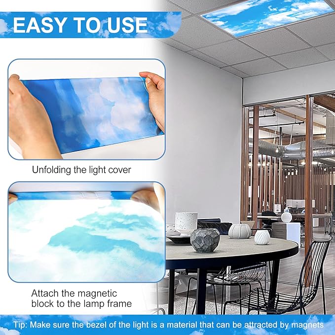 Aheroi 4 Pcs Light Covers, 4 x 2 Feet Magnetic Light Covers for Fluorescent Light Shade Drop Ceiling Light Filters Classroom Decorative Light Cover for Room School Office(Cloud Blue Sky)