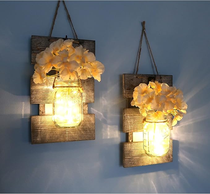 Farmhouse Sconces Wall Decor Set of 2, Dining Room Art Wall Decor, Home Decor,Living Room, Bathroom, Hanging Vintage Wall Sconce 6-Hour Timer, Gray