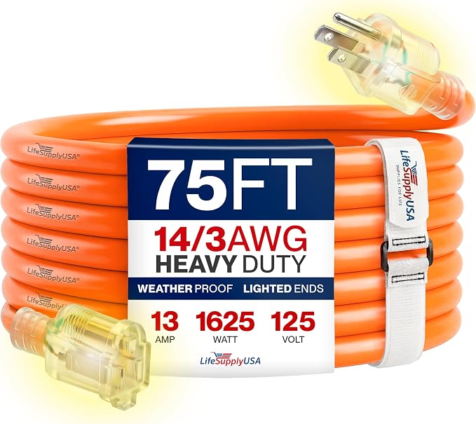 75ft Outdoor/Indoor Extension Cord 14/3 Gauge Heavy Duty 3 Prong SJTW, Waterproof, Flexible Cold-Resistant Long Power Cord,13A 125V 1625W, Orange by LifeSupplyUSA