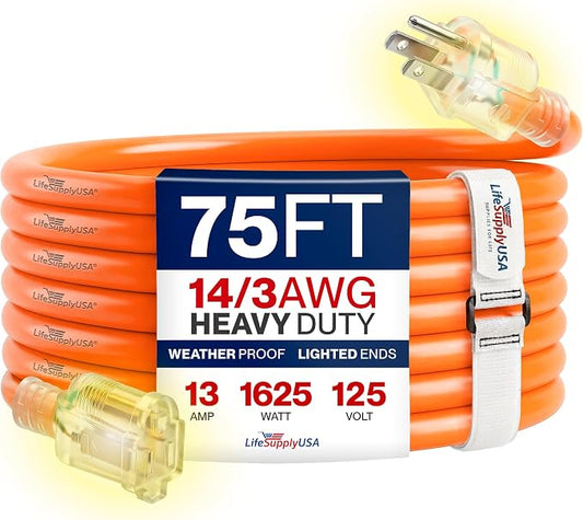 75ft Outdoor/Indoor Extension Cord 14/3 Gauge Heavy Duty 3 Prong SJTW, Waterproof, Flexible Cold-Resistant Long Power Cord,13A 125V 1625W, Orange by LifeSupplyUSA