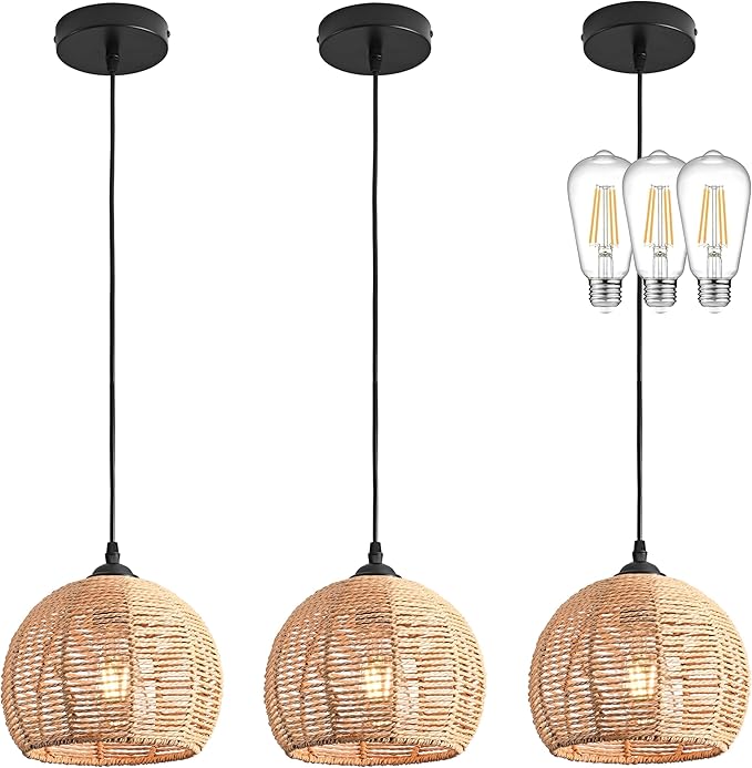 3 Pack Wicker Pendant Light Natural Woven Pendant Light Boho Chandelier Light Fixture Dome Rustic Farmhouse Pendant Lights Rattan Light Fixture for Dining Room Kitchen Island (Bulb Incl.)