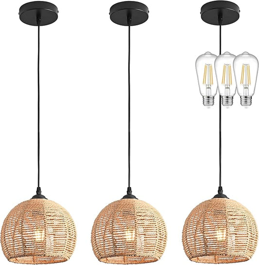 3 Pack Wicker Pendant Light Natural Woven Pendant Light Boho Chandelier Light Fixture Dome Rustic Farmhouse Pendant Lights Rattan Light Fixture for Dining Room Kitchen Island (Bulb Incl.)