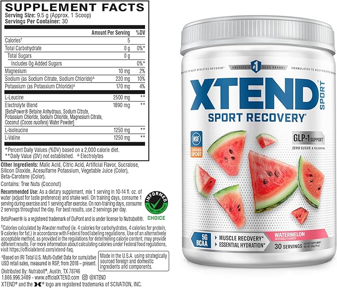 Xtend Sport BCAA Powder Watermelon - Electrolyte Powder for Recovery & Hydration with Amino Acids - 30 Servings