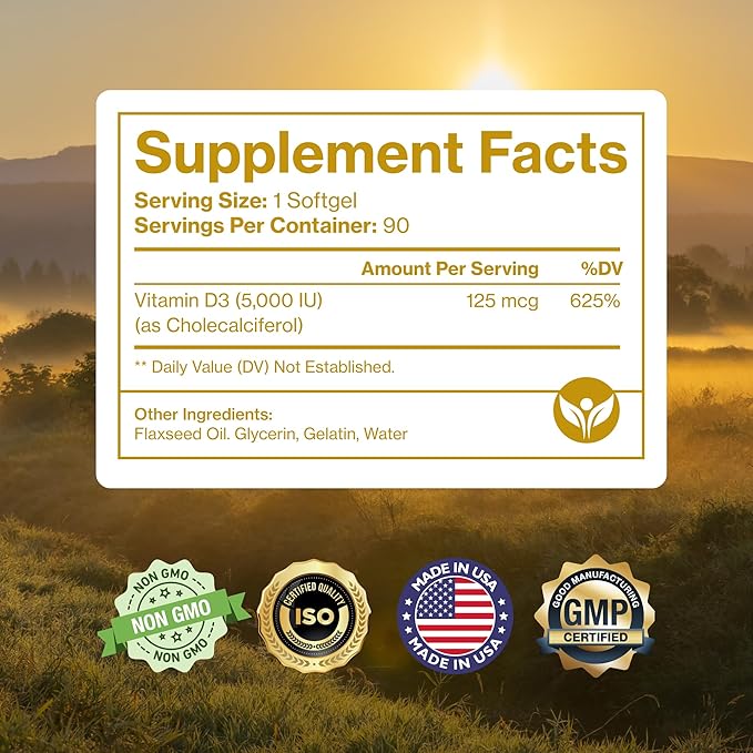 Pure Micronutrients Pure D3 – ビタミンD3 5000 IU、天然ビタミンDサプリメント（コレカルシフェロール） - 免疫サポート、健康な筋肉機能＆骨の健康 - 90ミニソフトジェル