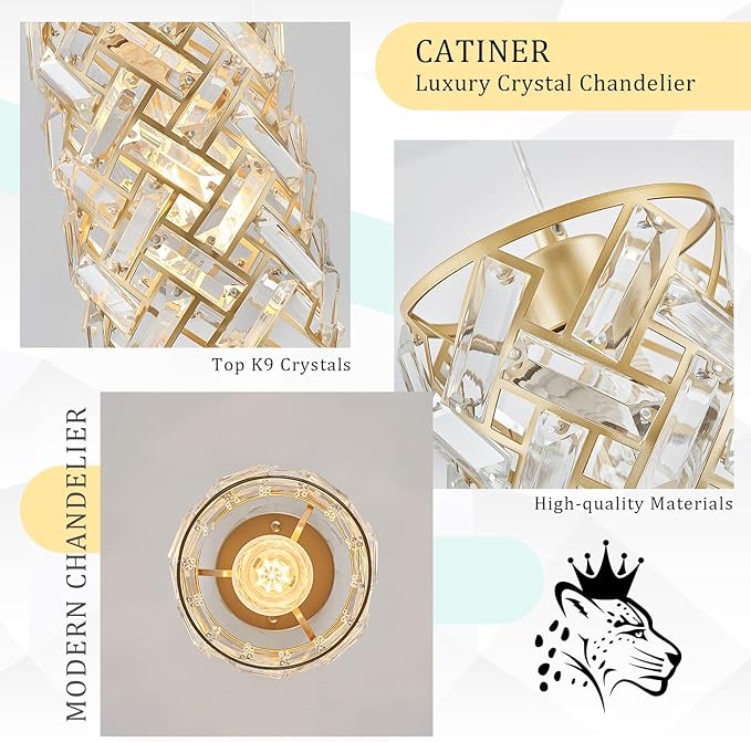 CATINER 1-Light Gold Crystal Pendant Light, Mini Ceiling Hanging Light Fixture with K9 Prisms for Kitchen Island, Bathroom, Bedroom, or Bar