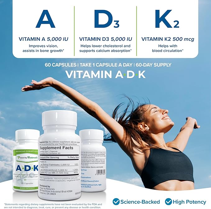 Power By Naturals Complément de Vitamines ADK – Mélange Hautement Dosé de Vitamines A, D3 5000 UI et K2 MK7 pour la Santé Osseuse – Complément de Vitamines A D K – 60 Gélules (2 Mois d'Approvisionnement)