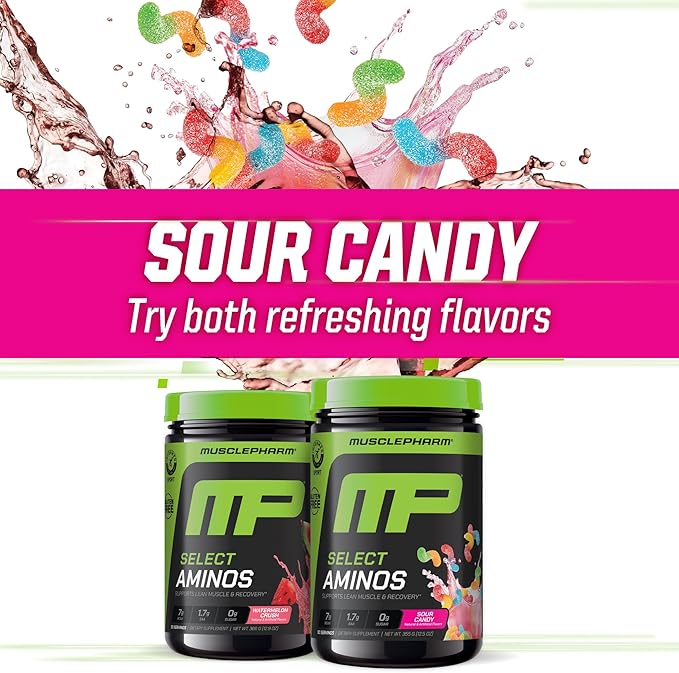 MusclePharm Select Amino's EAA + BCAAs, Post Workout Essential Amino Acids Powder, Pre Workout Energy Supplement for Men & Women with Branched Chain Amino Acids, 30 Servings (Sour Candy)