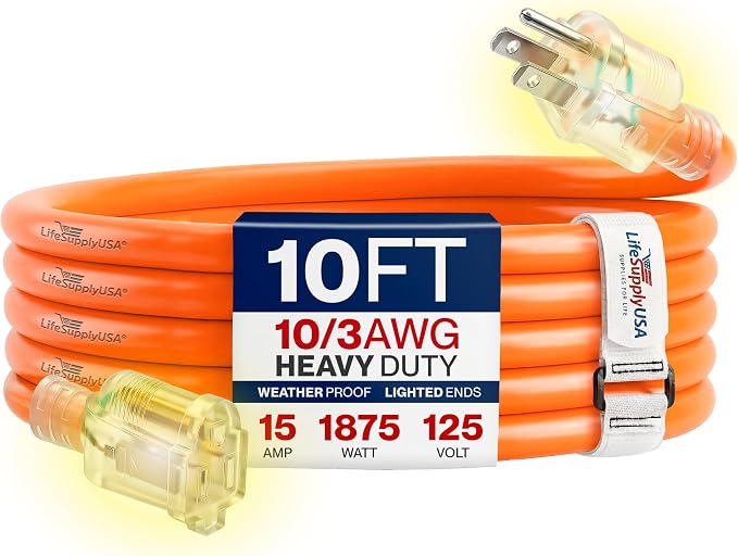 10ft Outdoor/Indoor Extension Cord 10/3 Gauge Ultra Heavy Duty 3 Prong SJTW, Waterproof, Flexible Cold-Resistant Long Power Cord,15A 125V 1875W, Orange by LifeSupplyUSA