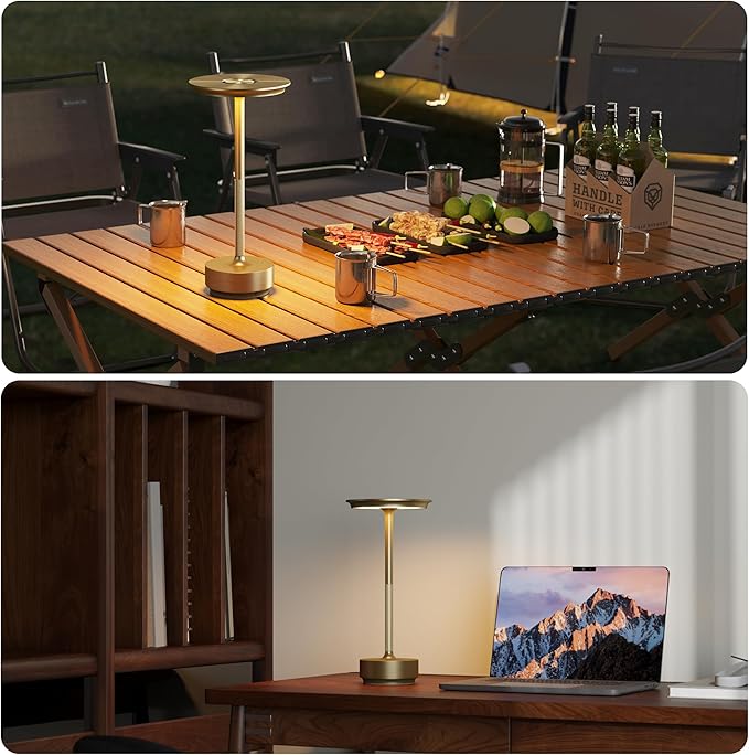 TBBGA 2 Pack Rechargeable Cordless Table Lamps, Portable 5000mAh Battery Table Light, 3 Color Stepless Dimming LED Table Light with Memory Function, for Outdoor/Dinner/Patio/Restaurant.(Gold)