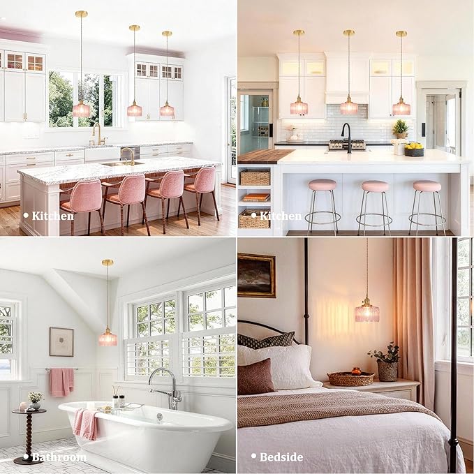 Shenmoyl Pendant Light with Pink Striped Glass Lmapshade, Brass Vintage Pendant Light Adjustable Hanging Light for Kitchen Island Dining Room Hallway