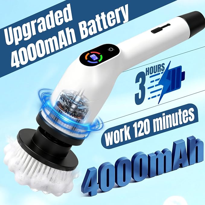 Electric Spin Scrubber 2026 Upgraded Cordless Power Scrubber with 8 Replaceable Brush Heads for Shower,Toilet,Floor&Grout Cleaning,IPX7 Waterproof, 120 Min Battery,3 Speeds,Extendable Long Handle