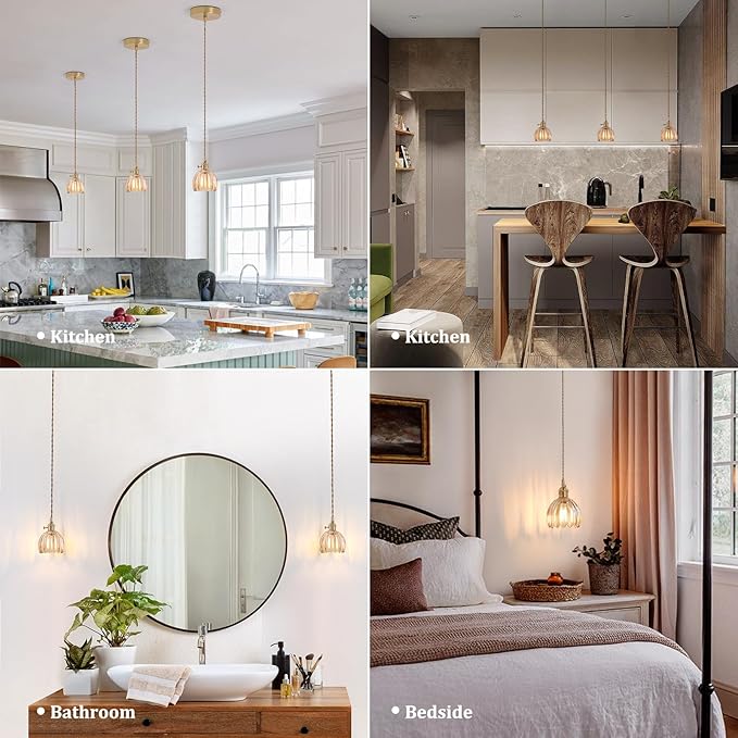 Shenmoyl Pendant Light with Amber Tulip Glass Lmapshade, Brass Vintage Pendant Light Adjustable Hanging Light for Kitchen Island Dining Room Hallway