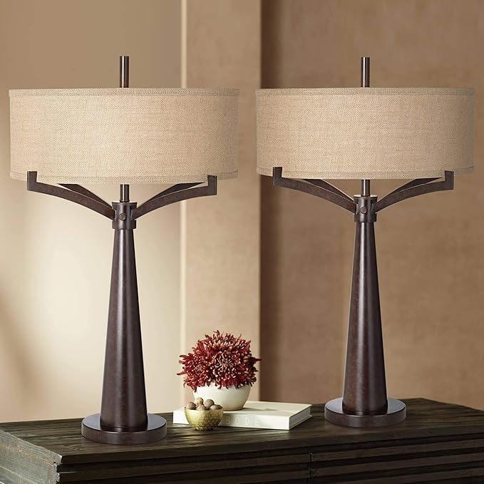 Franklin Iron Works Tremont Mid Century Modern Industrial Table Lamps 31.5" Tall Set of 2 Rich Bronze Iron Burlap Fabric Drum Shade for Living Room Bedroom House Bedside Nightstand Home Office
